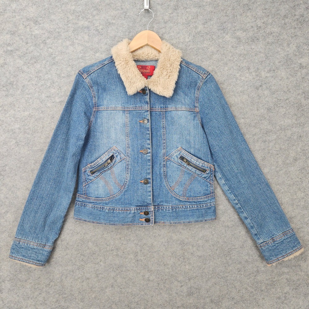 Paris Blues Denim Jacket Women's Small Blue Faux Fur Trim Sherpa Collar Y2K Boho